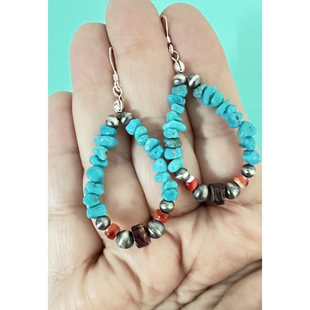 Native American Handmade Silver & Genuine Multi Gemstone Teardrop Earrings